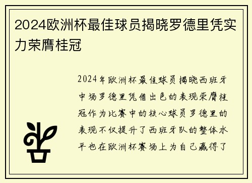 2024欧洲杯最佳球员揭晓罗德里凭实力荣膺桂冠