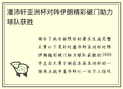 潘沛轩亚洲杯对阵伊朗精彩破门助力球队获胜