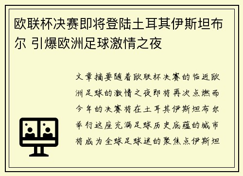 欧联杯决赛即将登陆土耳其伊斯坦布尔 引爆欧洲足球激情之夜